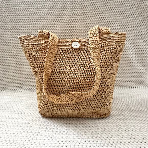 Annabel Ingall Australia Beige Tan Raffia Beach Shoulder Tote Capiz Shell Button - Picture 3 of 11